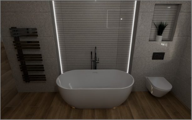 Modern bathroom with a freestanding tub, wall-mounted toilet, and sleek decor.