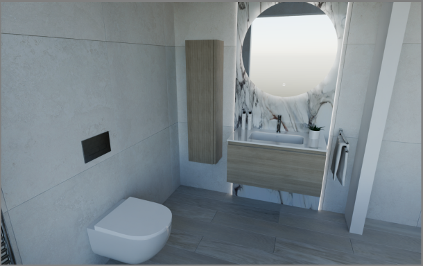Modern bathroom featuring a toilet, sink cabinet, and large round mirror.