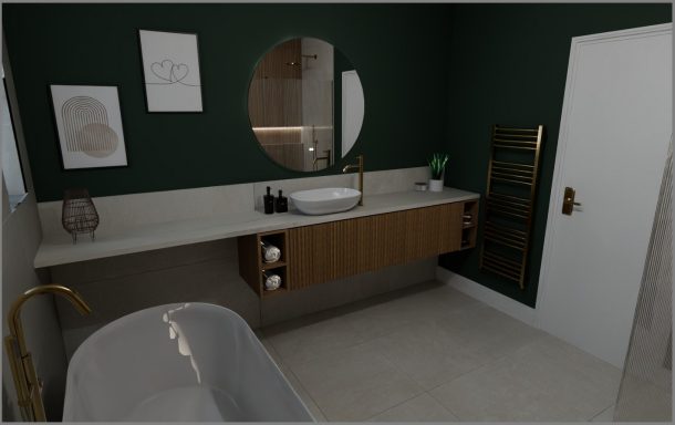 Modern bathroom featuring a green accent wall, a circular mirror, and wooden cabinetry.